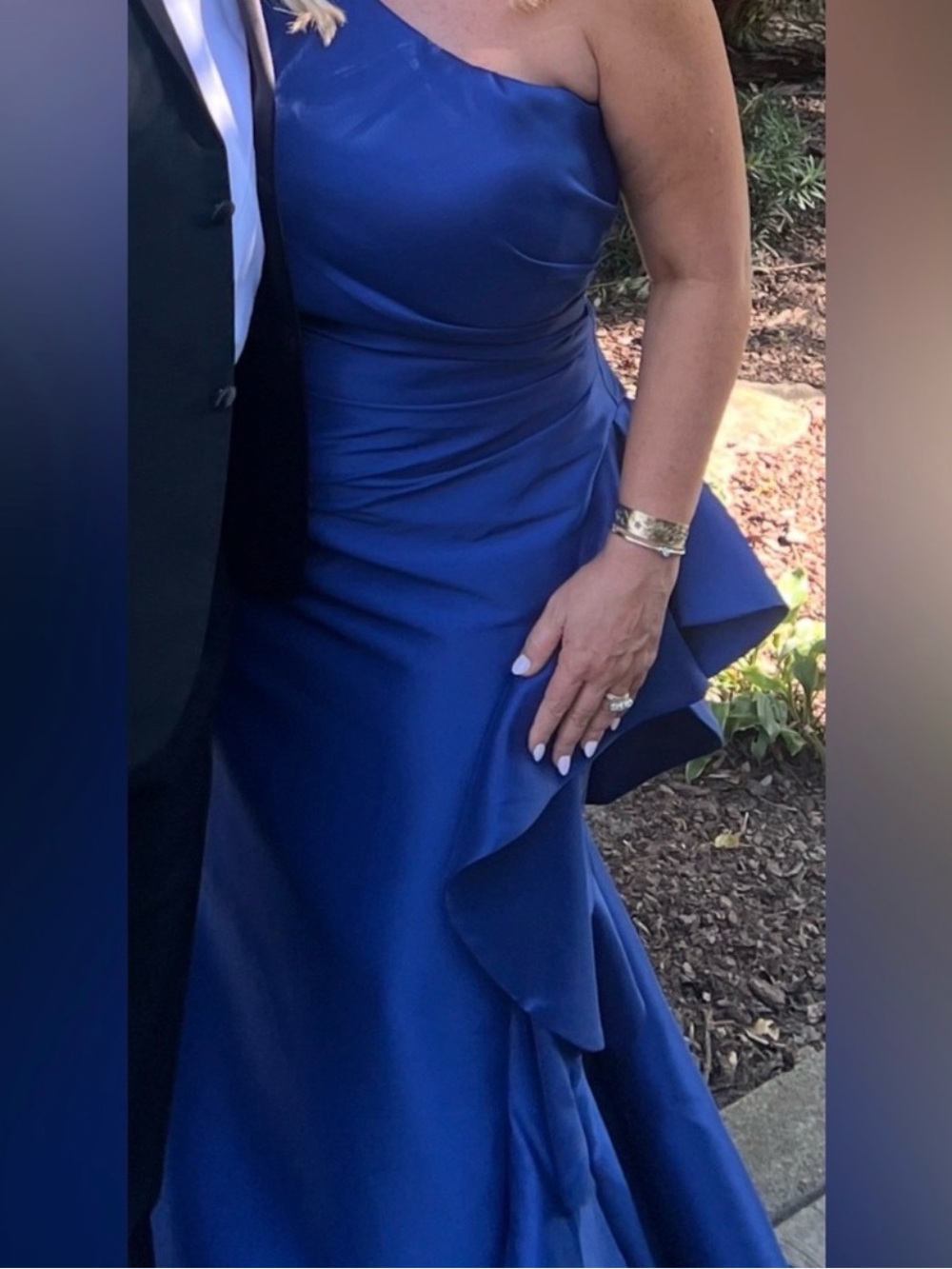 Javoni One-Shoulder formal gown in deep royal blue